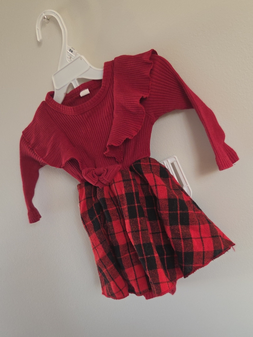Red Ruffle Knit Top with Red & Black Plaid Skirt Set